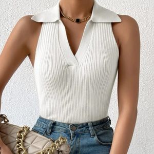 Solid Collared Ribbed Tank Knit Top